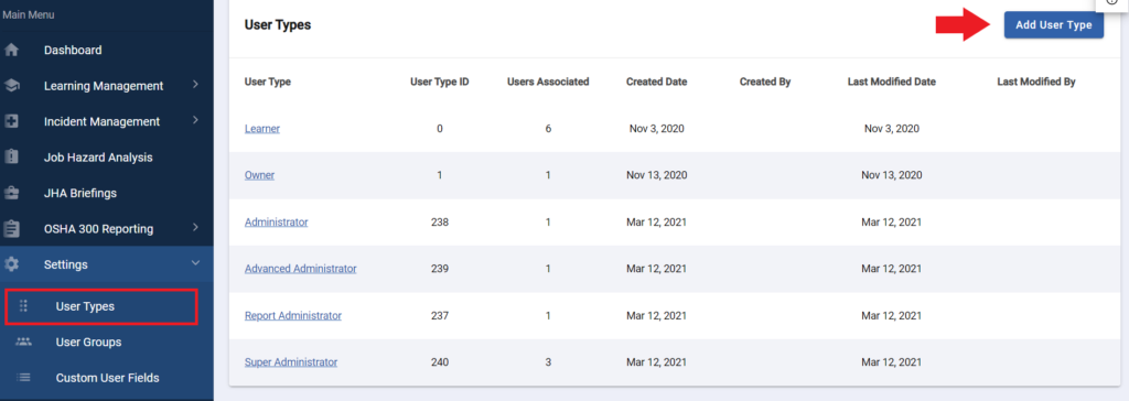Creating User Types - SafetySkills Support
